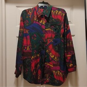 Vintage 90s Unlabeled Vibrant Multicolor Abstract Pattern Hidden Buttons Blouse